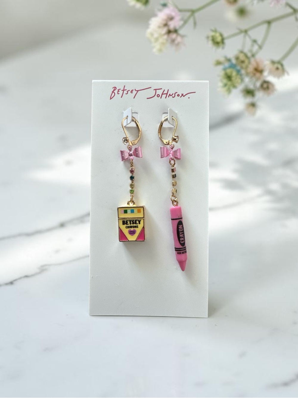 Betsey Johnson Pink Crayon & Crayon Box Drop Earrings NWT